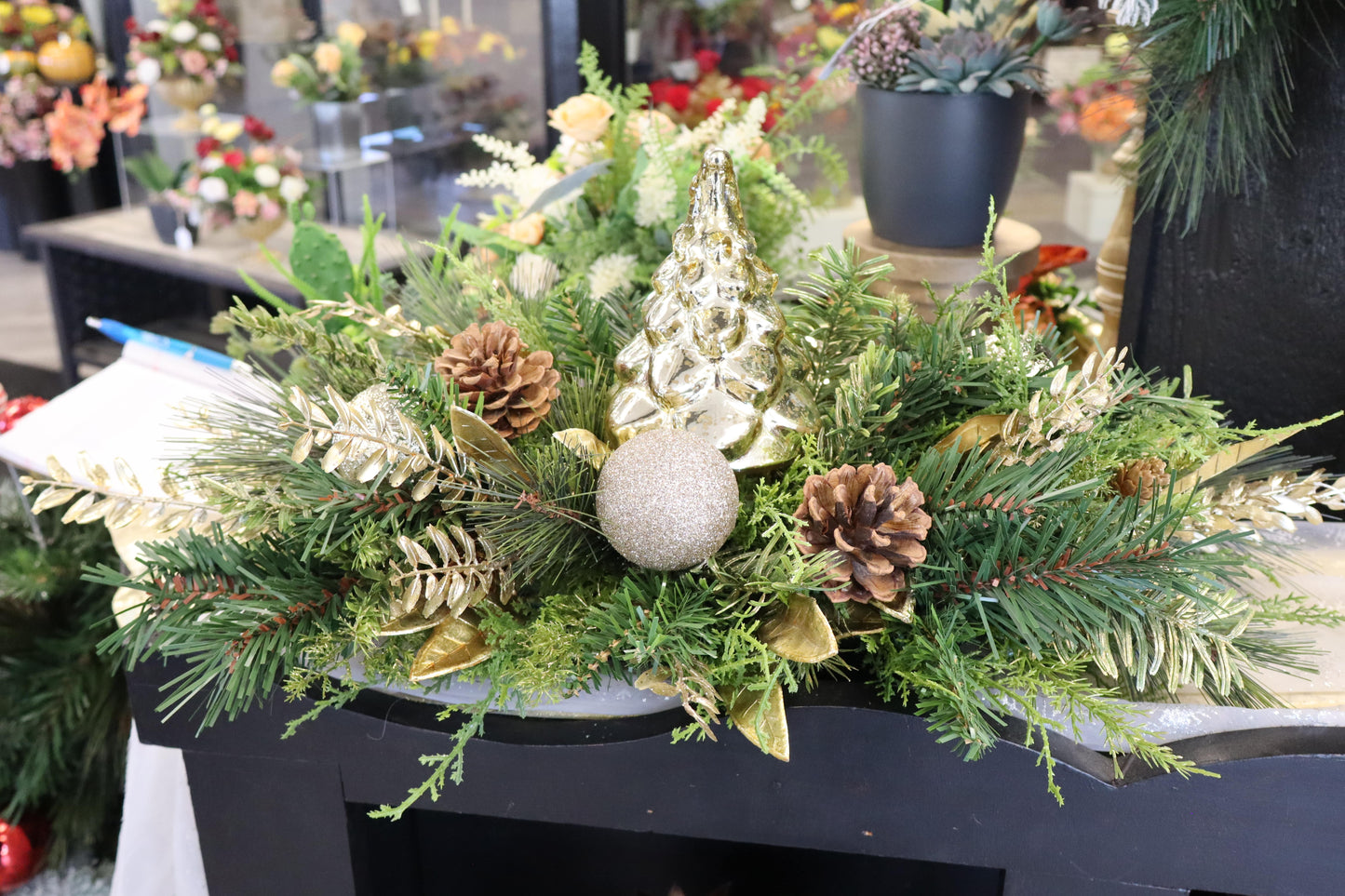 Gold Tree with Pinecones Centerpiece