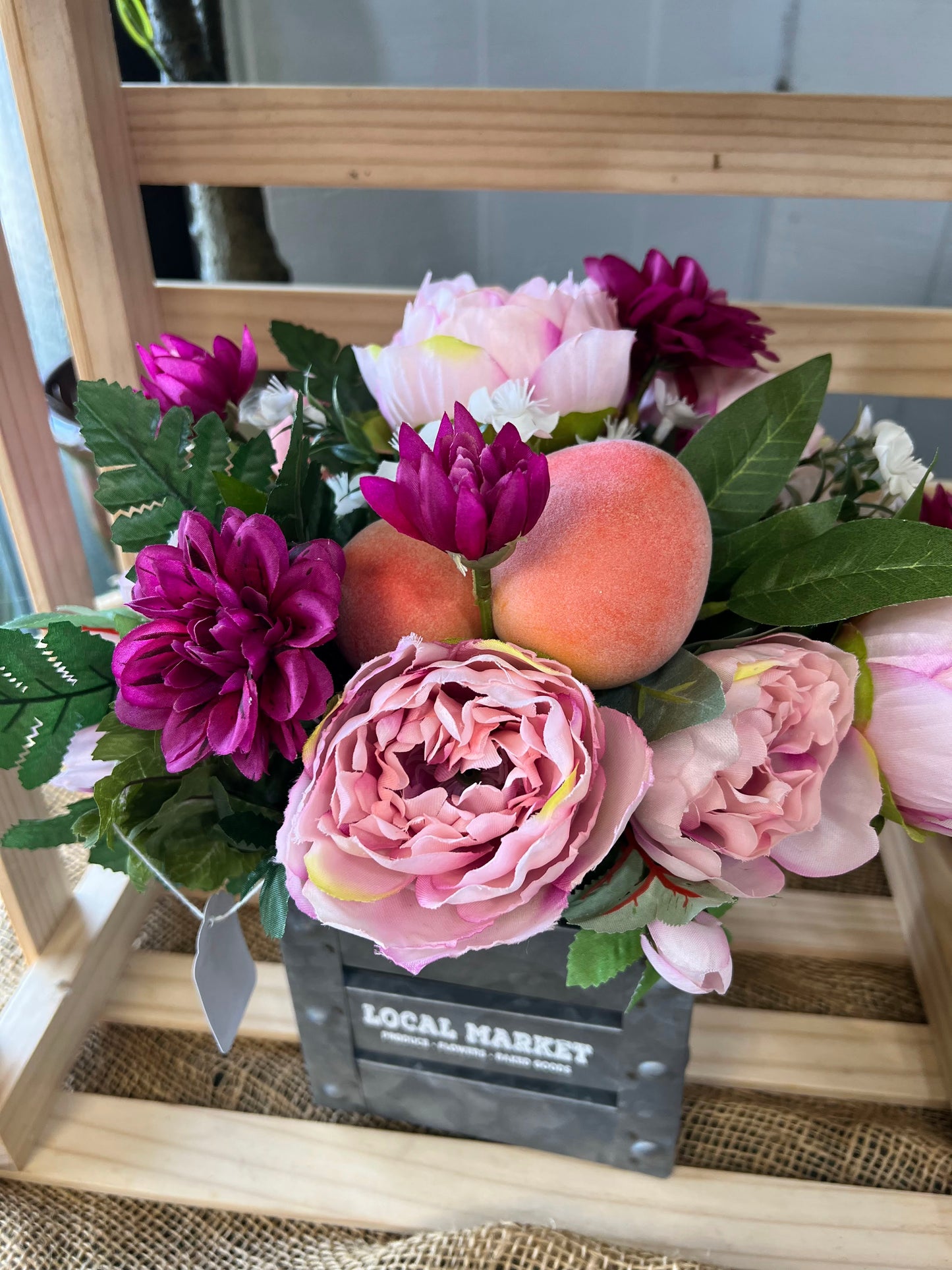 Purple and Pink Flowers with Peaches Local Market