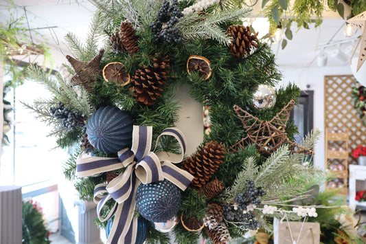 Blue Wreath with Pinecones & Oranges