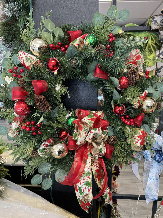 Red, Green, & Gold Lighted Wreath