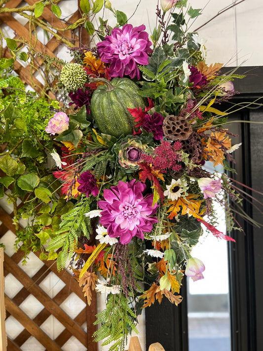 Purple Flowers, Leaves, and Pumpkin