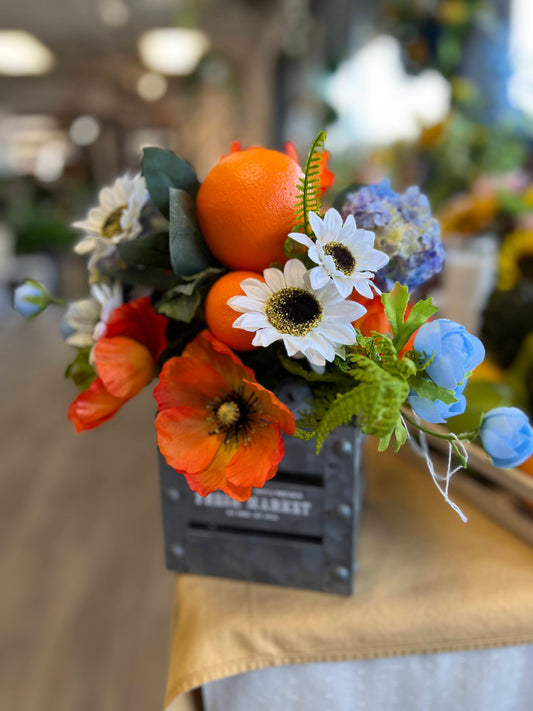 Orange, White, & Blue Flowers with Oranges