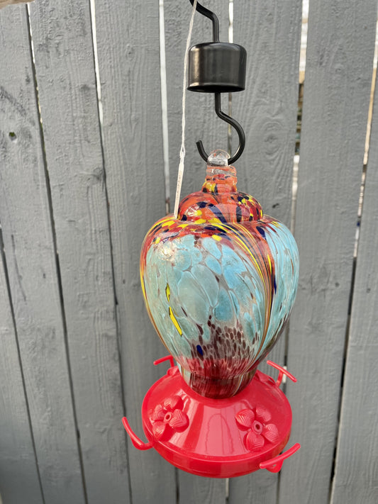 8.5" Blue Glass Hummingbird Feeder